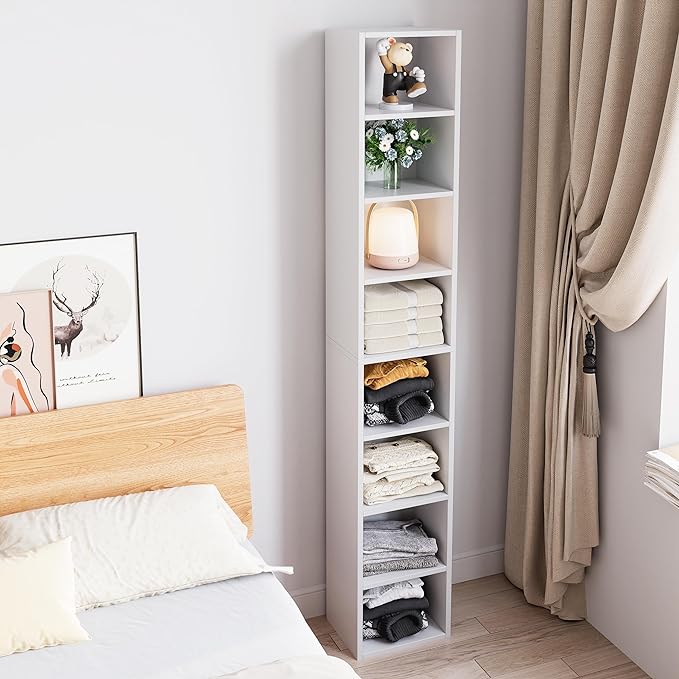71 Inches Tall Narrow Bookshelf, 8-Tier CD DVD Slim Media Tower Rack, Corner Bookcase with Adjustable Shelves, Skinny Cubes Bookshelves for Home Office Small Space, White - LeafyLoom