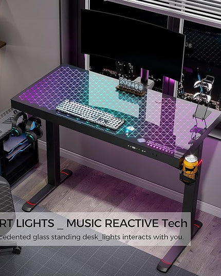 EUREKA ERGONOMIC RGB Glass Gaming Desk, Music Studio Desk, 47 Inch Adjustable Height Computer Desk Music Sensing LED Sit Stand Desk for Home Office Gamer w Dual Motors,USB Ports, APP Control - LeafyLoom