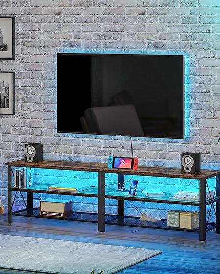 Clikuutory Modern Brown 71 inch Metal TV Stand with LED Lights and Power Outlets for 50 60 65 70 75 80 Inch TVs, 3 Tier Television Stands with Entertainment Center and Storage for Living Room, Bedroom - LeafyLoom