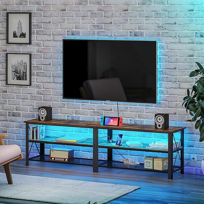 Clikuutory Modern Brown 71 inch Metal TV Stand with LED Lights and Power Outlets for 50 60 65 70 75 80 Inch TVs, 3 Tier Television Stands with Entertainment Center and Storage for Living Room, Bedroom - LeafyLoom