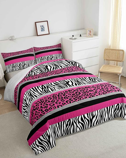 Zebra Stripes Comforter Leopard Print Comforter Set For Kids Boys Girls Pink Black White Zebra Leopard Fur Bedding Set Ultra Soft Decor Wild Animal Skin Texture Pattern Duvet Set Twin Size Quilt Set - LeafyLoom
