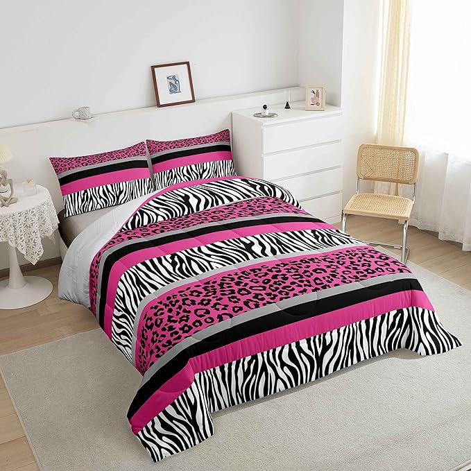 Zebra Stripes Comforter Leopard Print Comforter Set For Kids Boys Girls Pink Black White Zebra Leopard Fur Bedding Set Ultra Soft Decor Wild Animal Skin Texture Pattern Duvet Set Twin Size Quilt Set - LeafyLoom