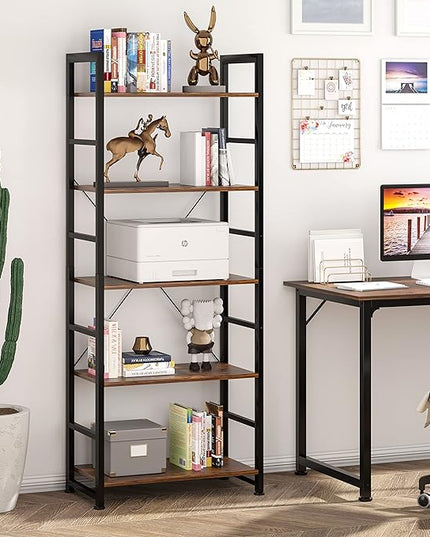 VERMESS 5 Tier Bookshelf, Tall Book Shelf, Vintage Industrial Bookcase Shelf with Open Display Shelves, Wood Storage Shelving Unit Metal Frame Standing Bookshelves for Bedroom/Home/Office, Rustic - LeafyLoom