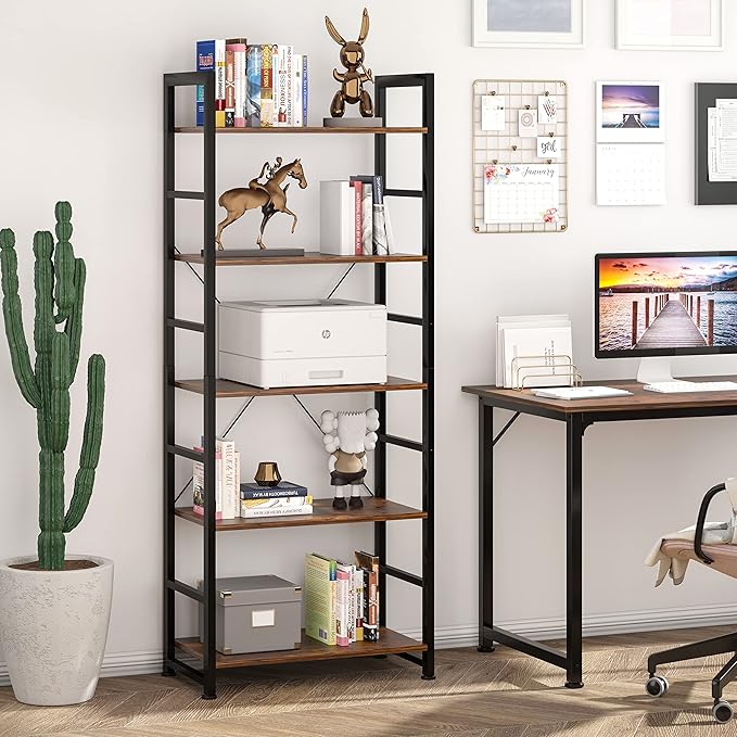VERMESS 5 Tier Bookshelf, Tall Book Shelf, Vintage Industrial Bookcase Shelf with Open Display Shelves, Wood Storage Shelving Unit Metal Frame Standing Bookshelves for Bedroom/Home/Office, Rustic - LeafyLoom