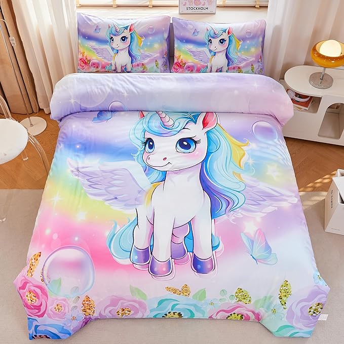 Unicorn Comforter Twin,Princess Twin Comforter,Girls Purple Comforter,Kids Twin Comforter Set for Girls,Unicorn Twin Bedding Set,Unicorn Room Decor - LeafyLoom