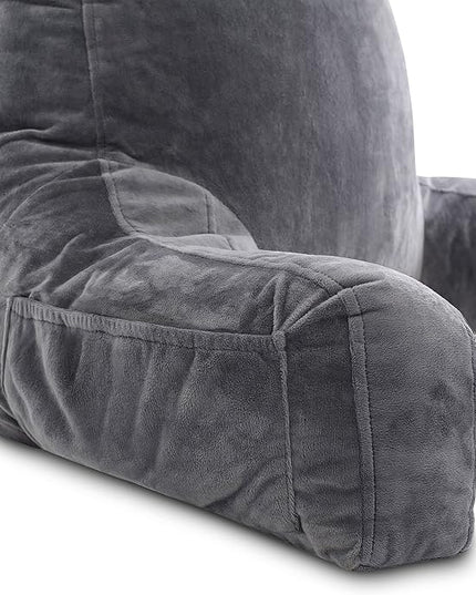 Husband Pillow XXL Dark Grey Backrest with Arms - Adult Reading Pillow Shredded Memory Foam, Ultra-Comfy Removable Microplush Cover & Detachable Neck Roll, Unmatched Support Bed Rest Sit Up Pillow - LeafyLoom