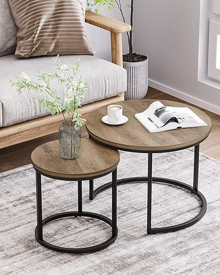 Nesting Coffee Table Set of 2, 23.6" Round Coffee Table Wood Grain Top with Adjustable Non-Slip Feet, Industrial End Table Side Tables for Living Room Bedroom Balcony Yard - LeafyLoom