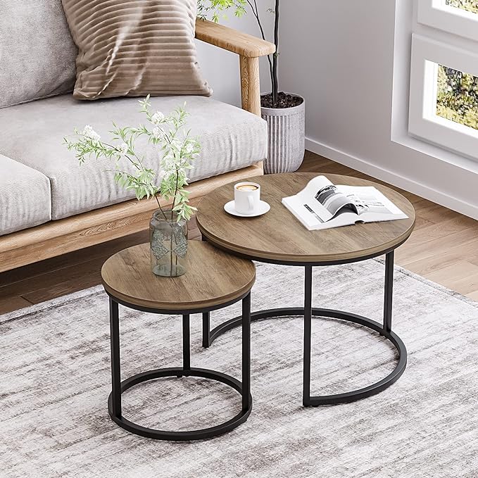 Nesting Coffee Table Set of 2, 23.6" Round Coffee Table Wood Grain Top with Adjustable Non-Slip Feet, Industrial End Table Side Tables for Living Room Bedroom Balcony Yard - LeafyLoom