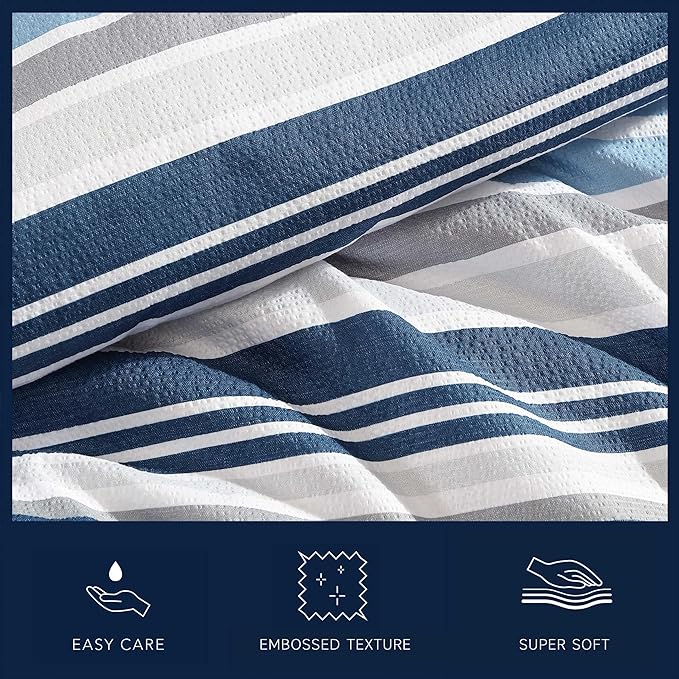 Nautica - King Comforter Set, Luxuriously Soft Seersucker Textured Bedding with Matching Shams, Wrinkle-Free Striped Home Decor (Bradlee Blue, King) - LeafyLoom