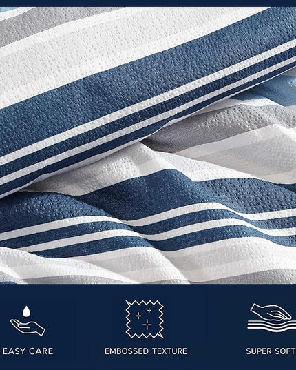 Nautica - Twin Comforter Set, Luxuriously Soft Seersucker Textured Bedding with Matching Sham, Wrinkle-Free Striped Home Decor, Dorm Room Essentials (Bradlee Blue, Twin) - LeafyLoom
