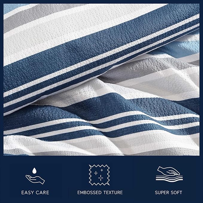 Nautica - Queen Comforter Set, Luxuriously Soft Seersucker Textured Bedding with Matching Shams, Wrinkle-Free Striped Home Decor (Bradlee Blue, Queen) - LeafyLoom
