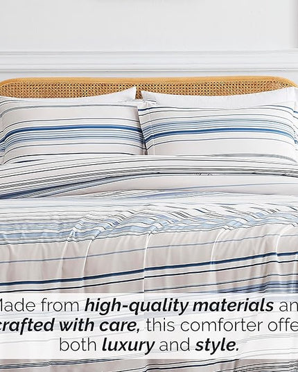 Southshore Fine Living, Inc. 3-Piece Full/Queen Comforter Set, Down Alternative All-Season Striped Comforter with 2 Shams, Soft Microfiber Bedspread, Full or Queen Bed, Coastal Stripes Blue - LeafyLoom