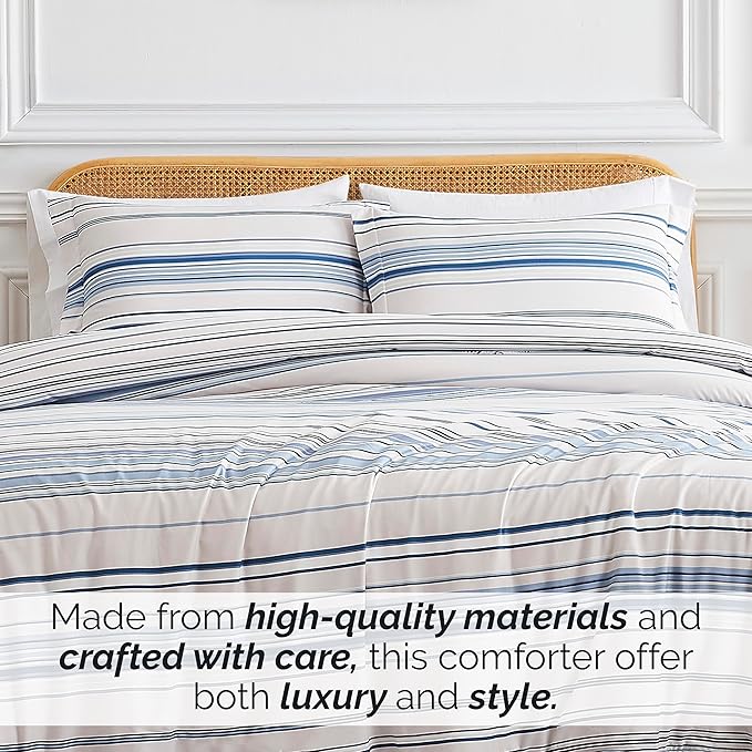 Southshore Fine Living, Inc. 3-Piece Full/Queen Comforter Set, Down Alternative All-Season Striped Comforter with 2 Shams, Soft Microfiber Bedspread, Full or Queen Bed, Coastal Stripes Blue - LeafyLoom