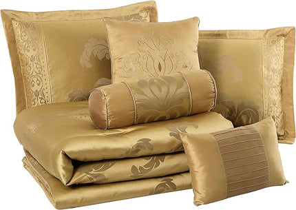 Chezmoi Collection 7-Piece Jacquard Floral Comforter Set (California King, Gold) - LeafyLoom