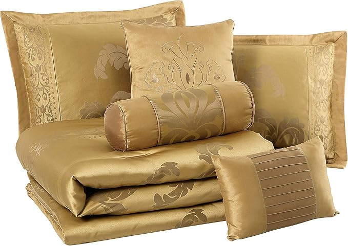 Chezmoi Collection Royale 7-Piece Jacquard Floral Comforter Set, Oversized Queen, Gold - LeafyLoom