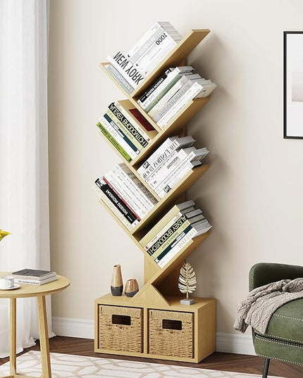 Vagusicc 6 Tier Tree Bookshelf - Retro Shelf Floor Standing Bookcase with Baskets, Tall Wood Book Storage Rack for Books/CDs, Tree Utility Book Organizer Shelves for Living Room, Home Office, Bedroom - LeafyLoom