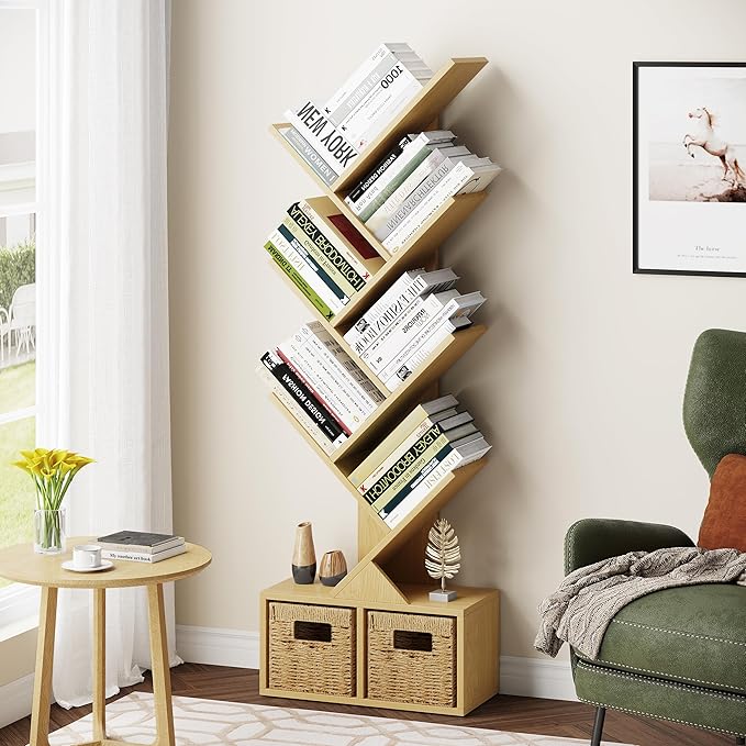 Vagusicc 6 Tier Tree Bookshelf - Retro Shelf Floor Standing Bookcase with Baskets, Tall Wood Book Storage Rack for Books/CDs, Tree Utility Book Organizer Shelves for Living Room, Home Office, Bedroom - LeafyLoom