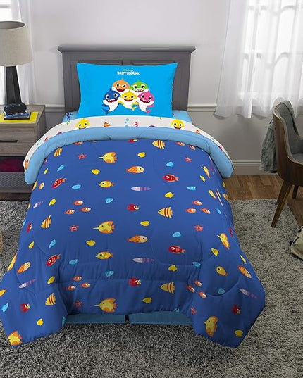 Franco Kids Bedding Super Soft Comforter and Sheet Set, 4 Piece Twin Size, Baby Shark - LeafyLoom