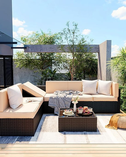 Pamapic 7 Pieces Outdoor Sectional Furniture，Wicker patio sectional furniture sets，All-Weather Rattan Sectional Sofa Conversation Set with Coffee Table and Washable Couch Cushions Covers - LeafyLoom