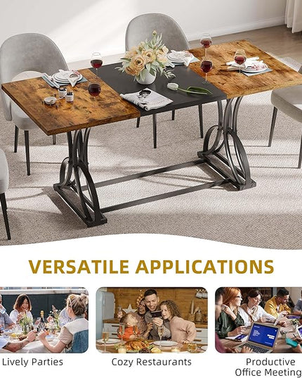 DWVO 70.3" Large Farmhouse Dining Table for 6-8 People, Rectangular Rustic Brown Kitchen Dining Room Table Industrial Wood Style with Heavy Duty Metal Legs, Apartment Dinette Tables for Eating Dinner - LeafyLoom