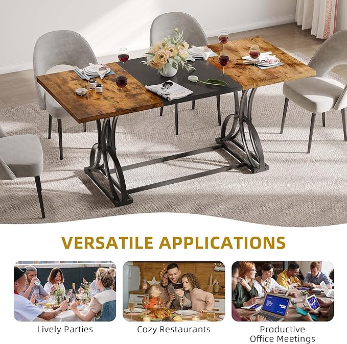 DWVO 70.3" Large Farmhouse Dining Table for 6-8 People, Rectangular Rustic Brown Kitchen Dining Room Table Industrial Wood Style with Heavy Duty Metal Legs, Apartment Dinette Tables for Eating Dinner - LeafyLoom