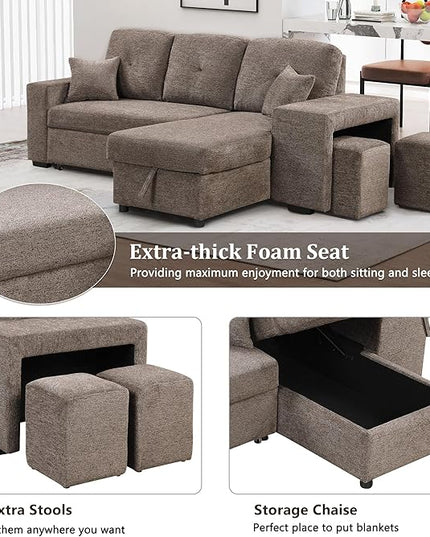 95" L-Shaped Sectional Sleeper Sofa with Storage Chaise &Pull-Out Bed, Velvet Upholstered Reversible Corner Couch w/ 2 Stools, for Living Room, Apartment, 95 Inch, Knox Charcoal - LeafyLoom