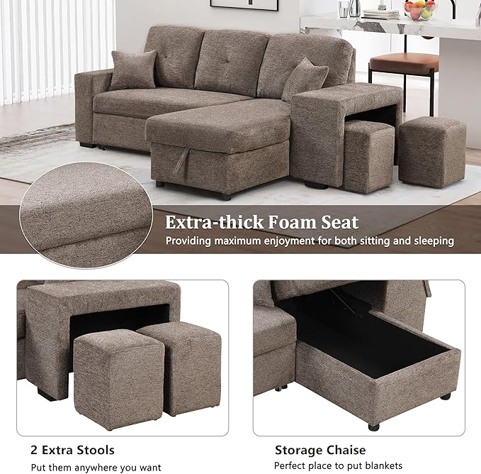 95" L-Shaped Sectional Sleeper Sofa with Storage Chaise &Pull-Out Bed, Velvet Upholstered Reversible Corner Couch w/ 2 Stools, for Living Room, Apartment, 95 Inch, Knox Charcoal - LeafyLoom