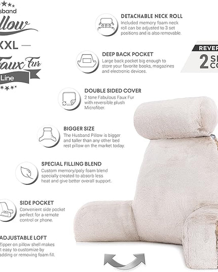 Husband Pillow XXL Ultra Rare Baby Chinchilla Backrest, Two-Tone Reversible Double Sided Fabulous Faux Fur Reading & Bed Rest Pillow with Arms & Neck Roll, Adjustable Memory Foam - Extremely Comfy - LeafyLoom