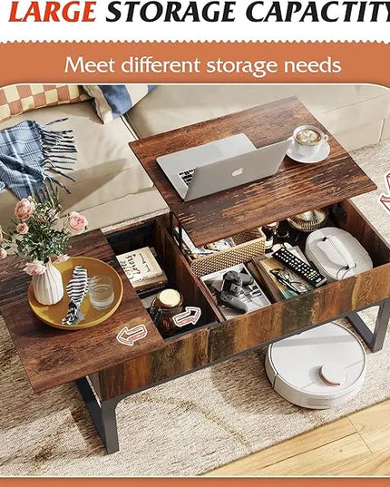 WLIVE Lift Top Coffee Table with Storage, Coffee Table with Lifting Top & Sliding Top, Wood Coffee Table for Living Room, Modern Center Table with 2 Hidden Compartment for Home, Office, Retro Brown - LeafyLoom
