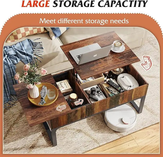 WLIVE Lift Top Coffee Table with Storage, Coffee Table with Lifting Top & Sliding Top, Wood Coffee Table for Living Room, Modern Center Table with 2 Hidden Compartment for Home, Office, Retro Brown - LeafyLoom