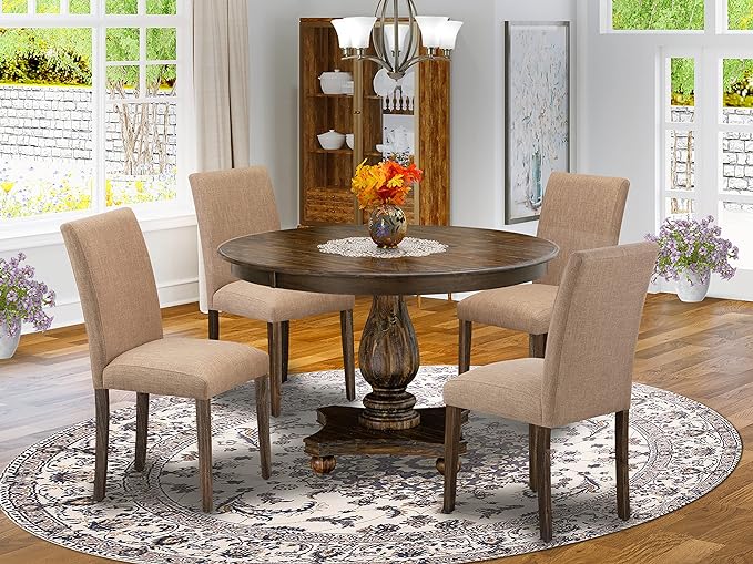 East West Furniture F2AB5-747 Ferris 5 Piece Room Furniture Set Includes a Round Dining Table with Pedestal and 4 Light Sable Linen Fabric Upholstered Chairs, 48x48 Inch - LeafyLoom