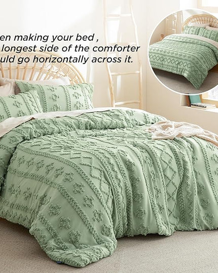 Bedsure Tufted Boho Comforter Set King - Sage Green Boho Bedding Comforter Set, 3 Pieces Farmhouse Shabby Chic Embroidery Bed Set, Soft Jacquard Comforter for Women Men Girls - LeafyLoom