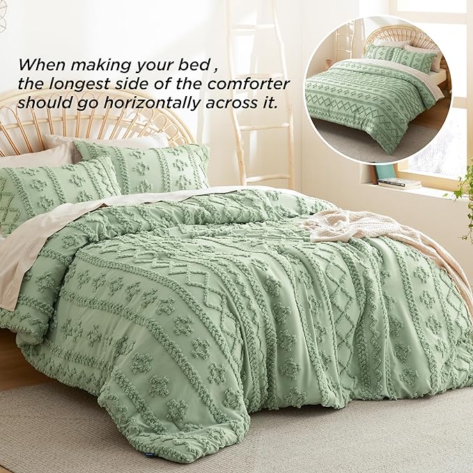 Bedsure Tufted Boho Comforter Set King - Sage Green Boho Bedding Comforter Set, 3 Pieces Farmhouse Shabby Chic Embroidery Bed Set, Soft Jacquard Comforter for Women Men Girls - LeafyLoom