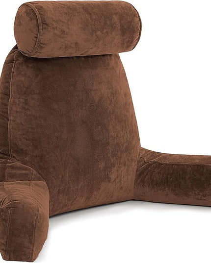 Husband Pillow XXL Chocolate Backrest with Arms - Adult Reading Pillow Shredded Memory Foam, Ultra-Comfy Removable Microplush Cover & Detachable Neck Roll, Unmatched Support Bed Rest Sit Up Pillow - LeafyLoom