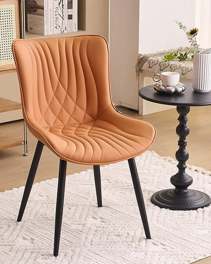 YOUTASTE Camel Dining Chairs Set of 2 Upholstered Mid Century Modern Kitchen Dining Room Chairs Armless Faux Leather Accent Chairs Metal Vanity Lounge Chair with Back for Living Room Bedrooms - LeafyLoom