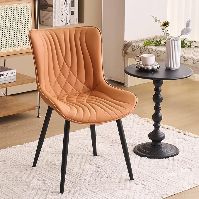 YOUTASTE Camel Dining Chairs Set of 2 Upholstered Mid Century Modern Kitchen Dining Room Chairs Armless Faux Leather Accent Chairs Metal Vanity Lounge Chair with Back for Living Room Bedrooms - LeafyLoom