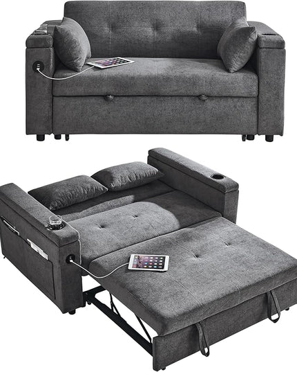 4 in 1 Multifunctional Convertible Loveseat Sleeper Sofa Bed,Soft Chenille Tufted Love Seats Sofabed W/Pull Out Sleep Couch,Armrests Storage,Cupholders,USB Ports,Pillows and Side Pockets - LeafyLoom