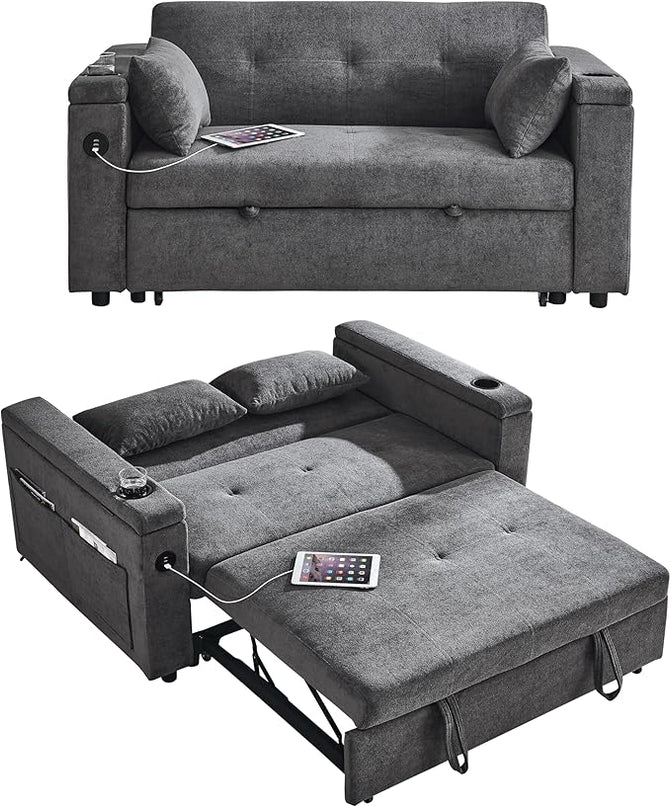 4 in 1 Multifunctional Convertible Loveseat Sleeper Sofa Bed,Soft Chenille Tufted Love Seats Sofabed W/Pull Out Sleep Couch,Armrests Storage,Cupholders,USB Ports,Pillows and Side Pockets - LeafyLoom
