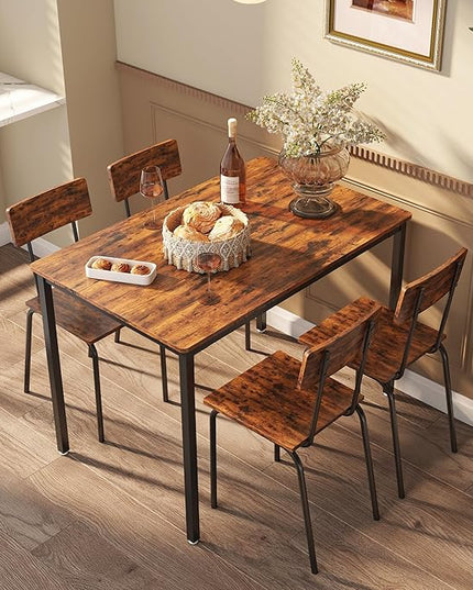 Dining Table Set for 4, 5-Piece Set Industrial Metal Wood 43.3" Kitchen Dining Table with 4 Dining Chairs, Indoor Modern Furniture Set for Dining Room, Dinette, Breakfast Nook, Rustic Brown - LeafyLoom