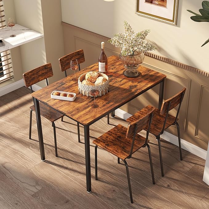 Dining Table Set for 4, 5-Piece Set Industrial Metal Wood 43.3" Kitchen Dining Table with 4 Dining Chairs, Indoor Modern Furniture Set for Dining Room, Dinette, Breakfast Nook, Rustic Brown - LeafyLoom