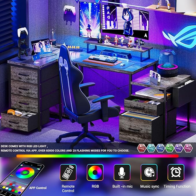 Unikito 70.8" Reversible L Shaped Computer Desk with Fabric File Drawers, Corner Desk with RGB LED Lights & Power Outlets & Monitor Stand, Large Gaming Desk for Home Office Workstation, Black Oak - LeafyLoom