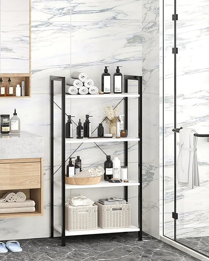 VERMESS Book Shelf White, Tall 4 Tier Bookshelf, Industrial Shelving Unit Wood Bookcase Shelf with Open Shelves, Wide Storage Standing Bookshelves Metal Display Rack for Living Room, Bedroom, Office - LeafyLoom