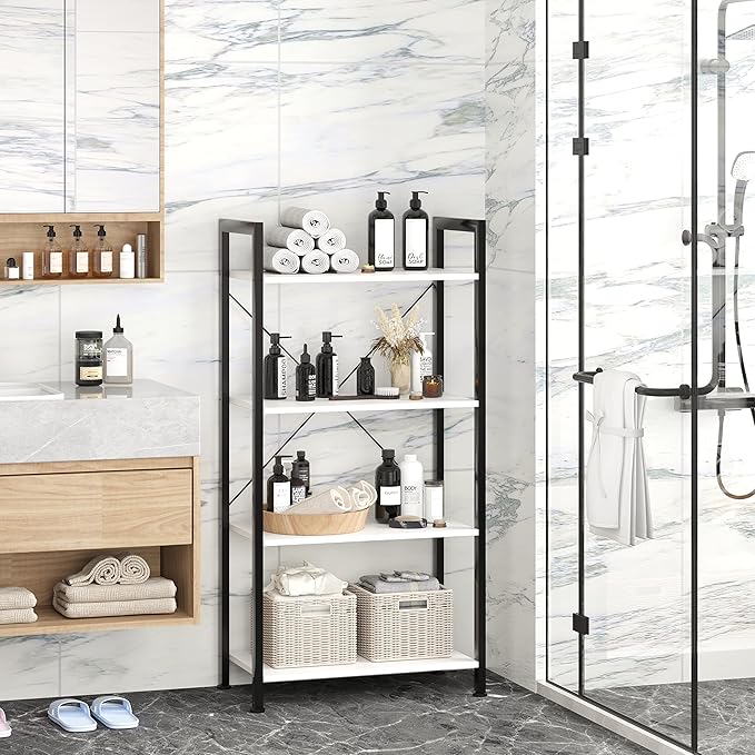 VERMESS Book Shelf White, Tall 4 Tier Bookshelf, Industrial Shelving Unit Wood Bookcase Shelf with Open Shelves, Wide Storage Standing Bookshelves Metal Display Rack for Living Room, Bedroom, Office - LeafyLoom