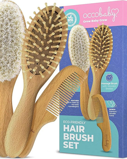 OCCObaby Wooden Baby Hairbrush Set for Newborns & Toddlers - Baby Comb for Cradle Cap - Baby Comb and Brush Set for Baby Grooming - Baby Scalp Brush for Cradle Cap - Toddler Comb - LeafyLoom