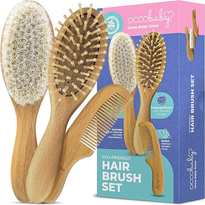 OCCObaby Wooden Baby Hairbrush Set for Newborns & Toddlers - Baby Comb for Cradle Cap - Baby Comb and Brush Set for Baby Grooming - Baby Scalp Brush for Cradle Cap - Toddler Comb - LeafyLoom