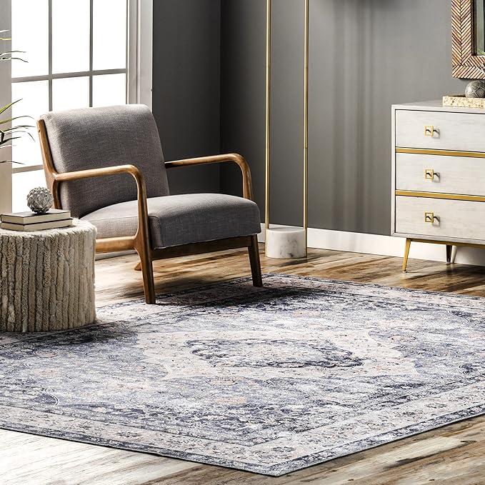 nuLOOM Elsa Floral Blossom Machine Washable Ultra Thin Area Rug, 8' x 10', Blue - LeafyLoom