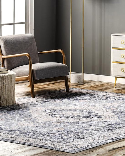 nuLOOM Elsa Floral Blossom Machine Washable Ultra Thin Area Rug, 4' x 6', Blue - LeafyLoom