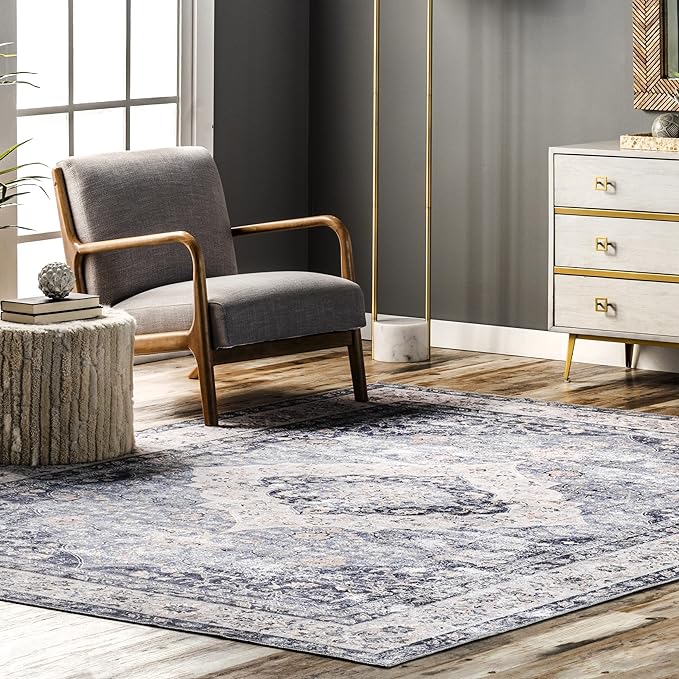 nuLOOM Elsa Floral Blossom Machine Washable Ultra Thin Area Rug, 4' x 6', Blue - LeafyLoom