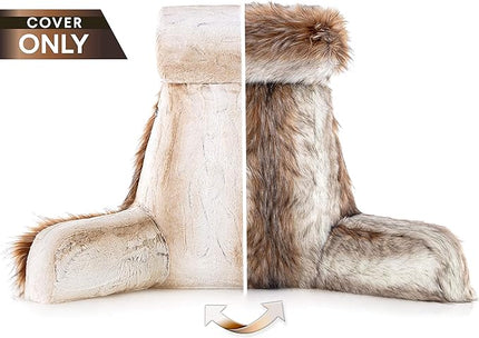 Husband Pillow XXL Cover Only - Rare Baby Coyote Fur Backrest Pillowcase Set, Two-Tone Reversible Double Sided Fabulous Faux Fur Reading & Bed Rest, Thick Zippers, 2 Sided Solid Fabric Neck Rolls - LeafyLoom