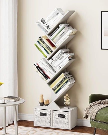 Vagusicc 6 Tier Tree Bookshelf - Modern Shelf Floor Standing Bookcase with Baskets, Tall Wood Book Storage Rack for Books/CDs, Tree Utility Book Organizer Shelves for Living Room, Home Office, Bedroom - LeafyLoom